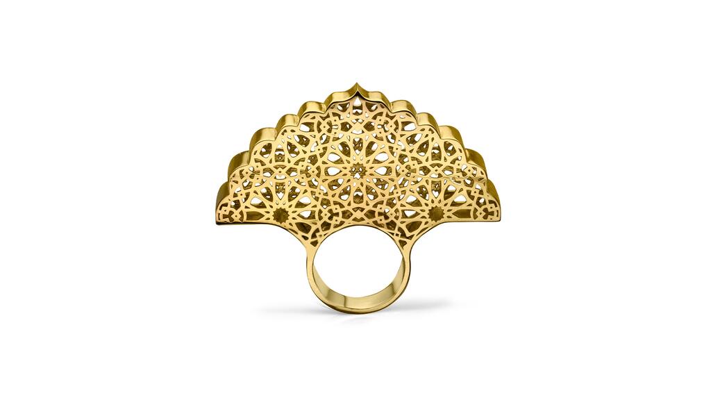 The “Moshabak” ring by Sanaz Doost is crafted in 18-karat yellow gold and inspired by sunscreens in ancient Persian architecture ($7,300). Moshabak Ring